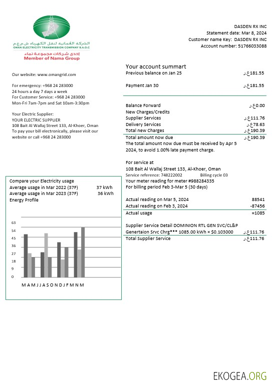 Modèle de facture de services publics d'électricité d'Oman Electricity Transmission Company aux formats Word et PDF